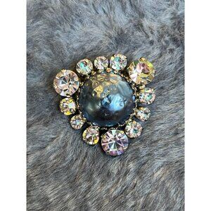 Baroque Light Sapphire Textured Cabochon brooch and clip ons with stunning AB rh
